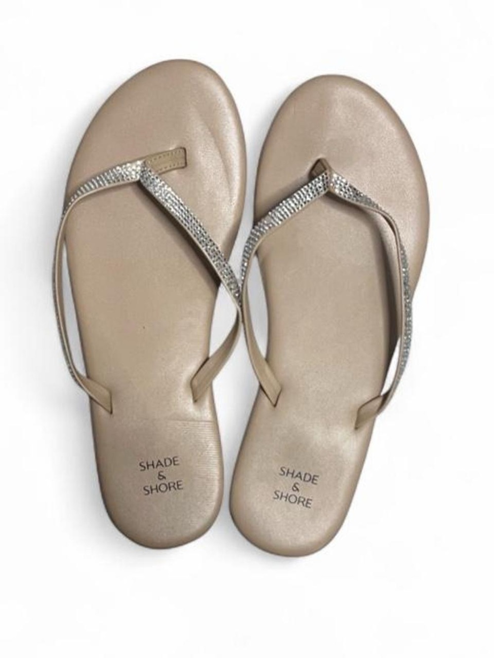 Shade & Shore Women's Tan Flip Flops with Silver Rhinestone Straps